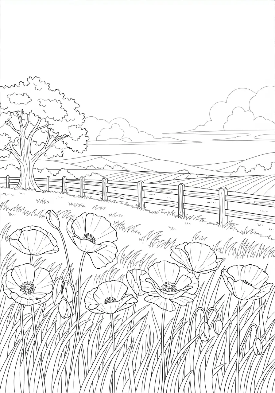 Poppy Field Coloring Page