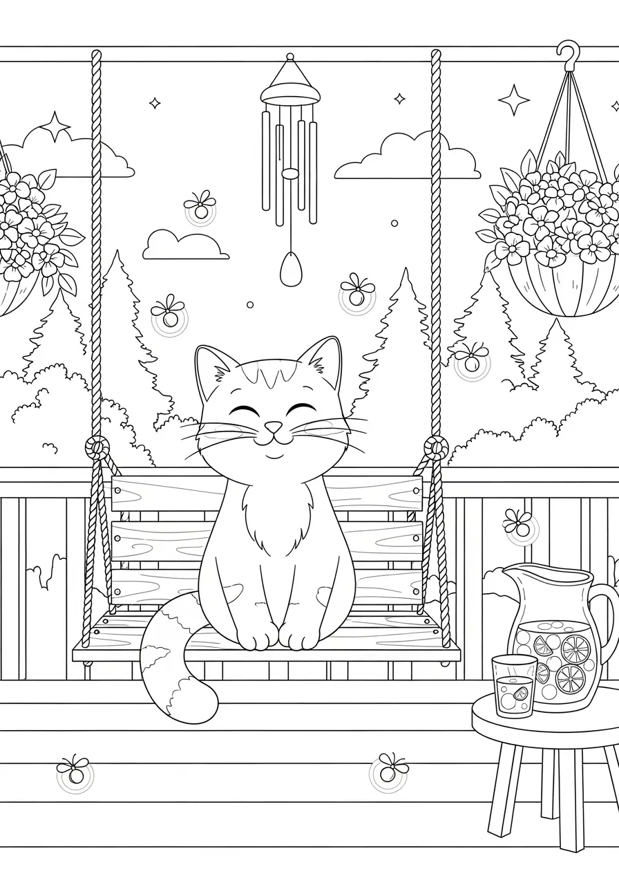 Porch Swing Cat Coloring Page For Adults