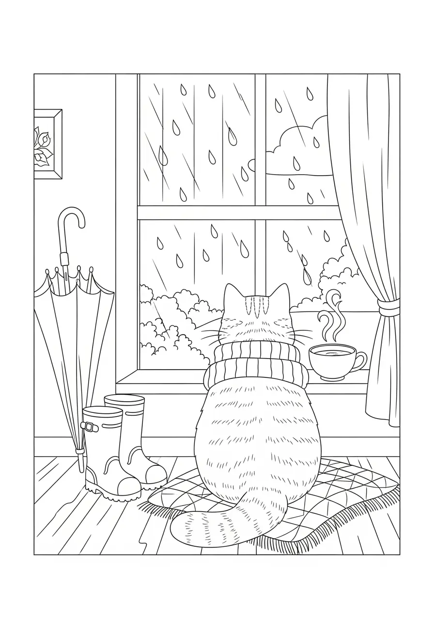 Rainy Day Cat Coloring Page For Adults