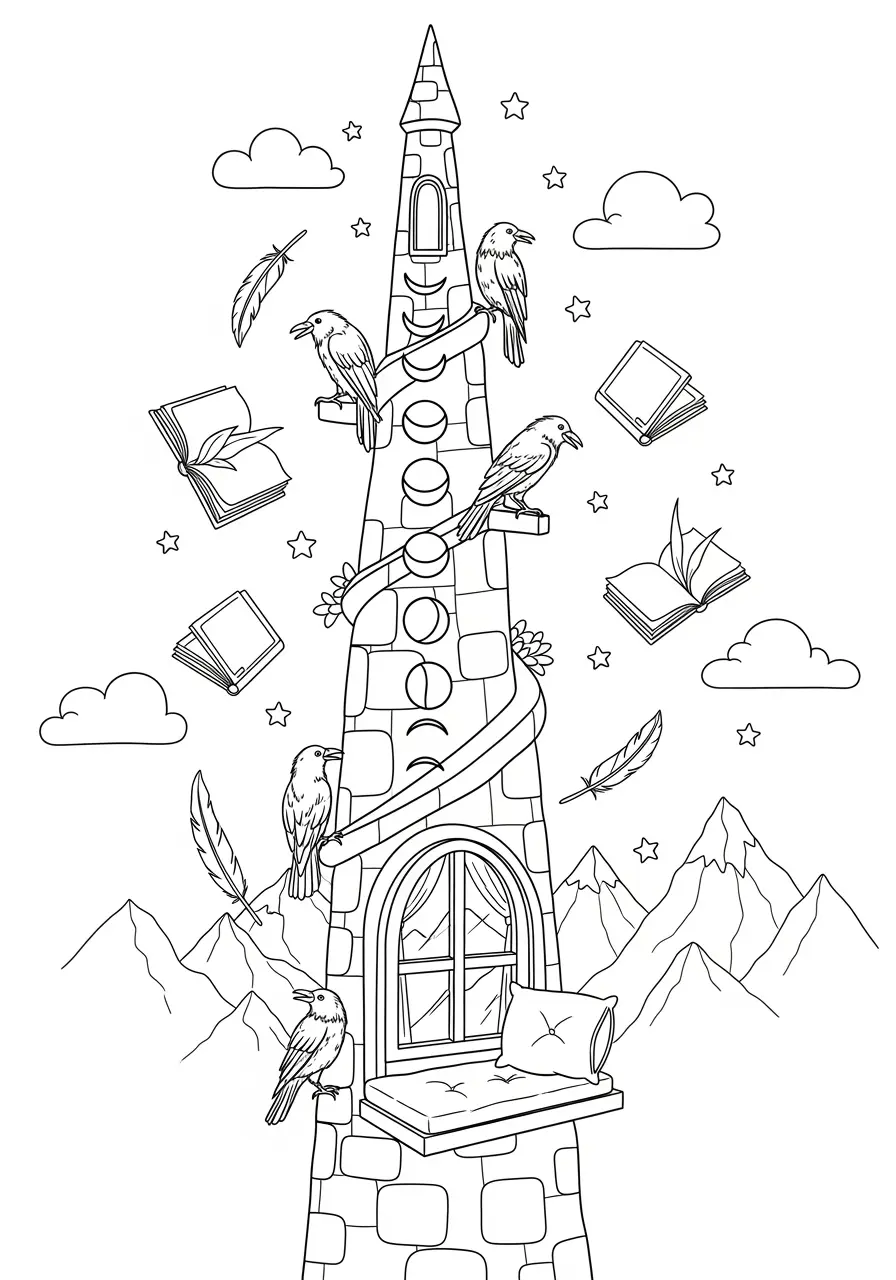 Raven's Tower Dark Fantasy Coloring Page