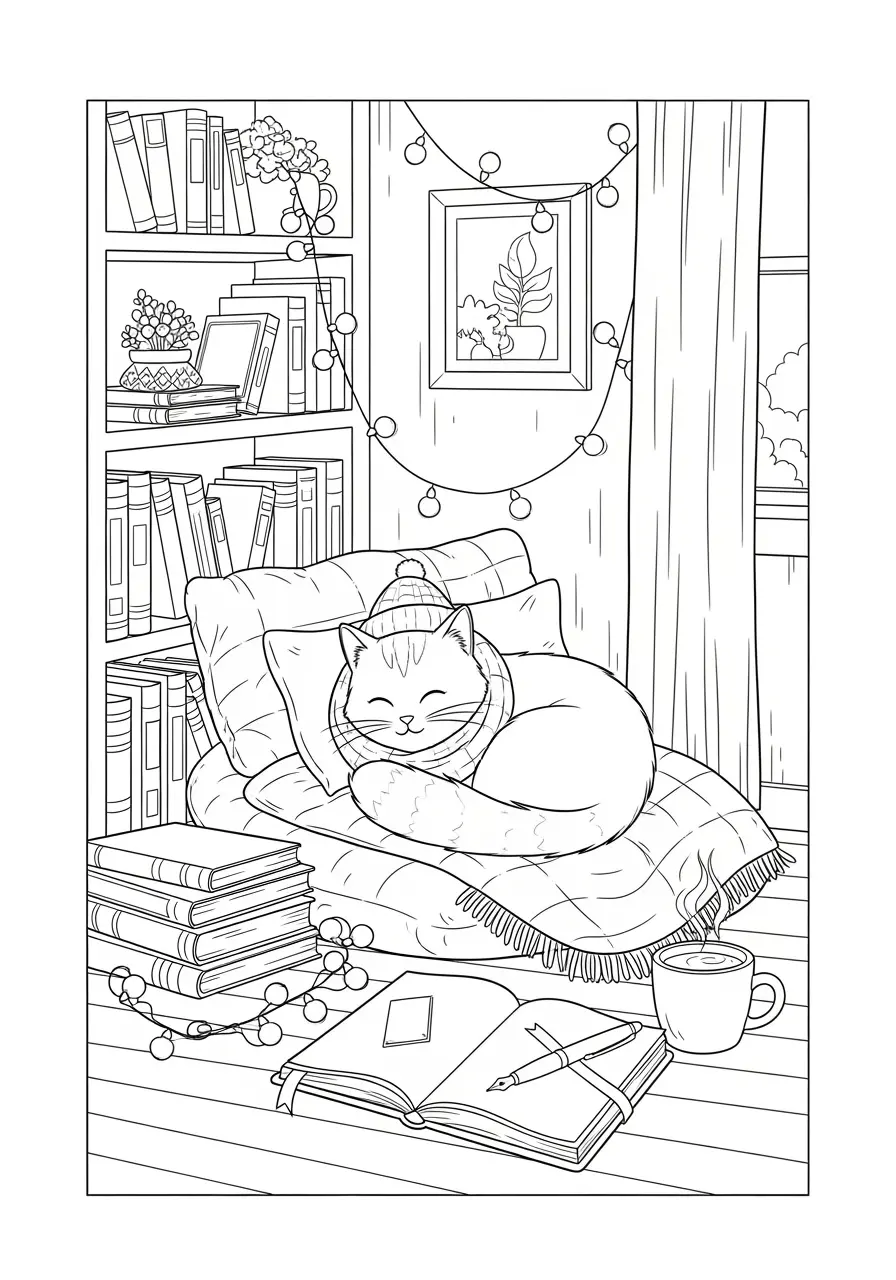 Reading Nook Cat Coloring Page For Adults