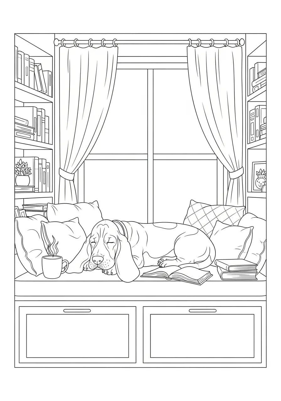 Reading Nook Dog Coloring Page Adults