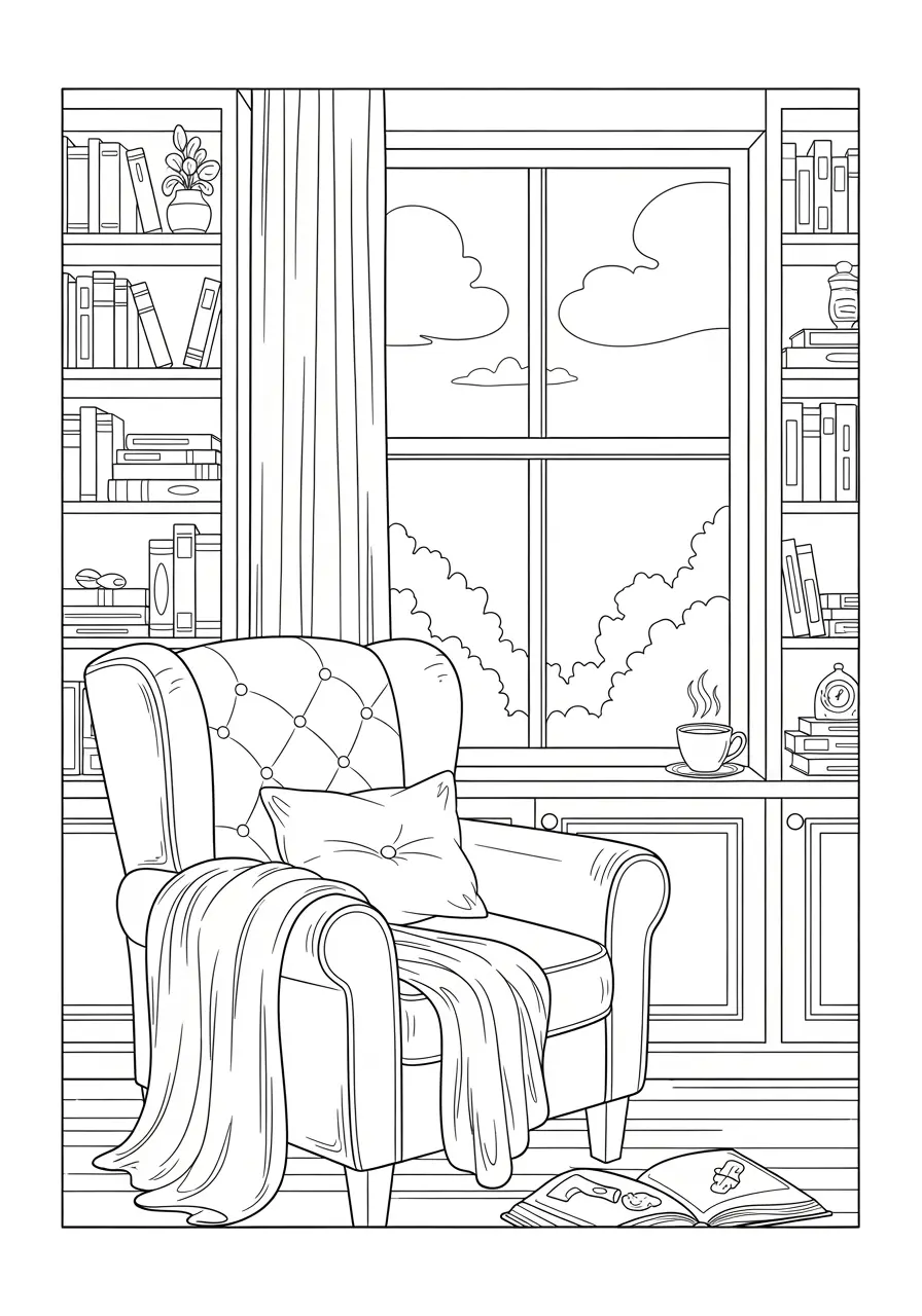 Reading Nook Relaxation Coloring Page