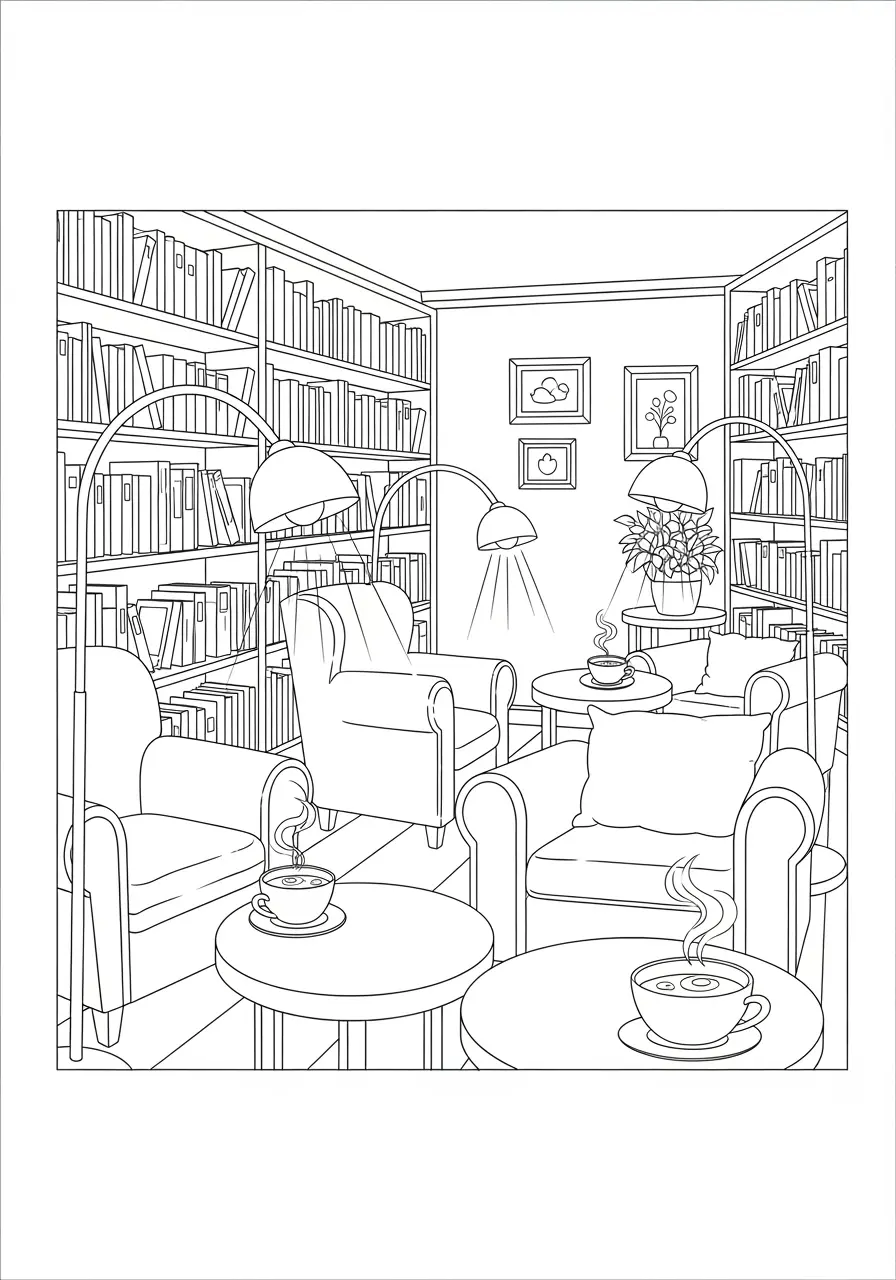 Relaxing Bookstore Cafe Coloring Page