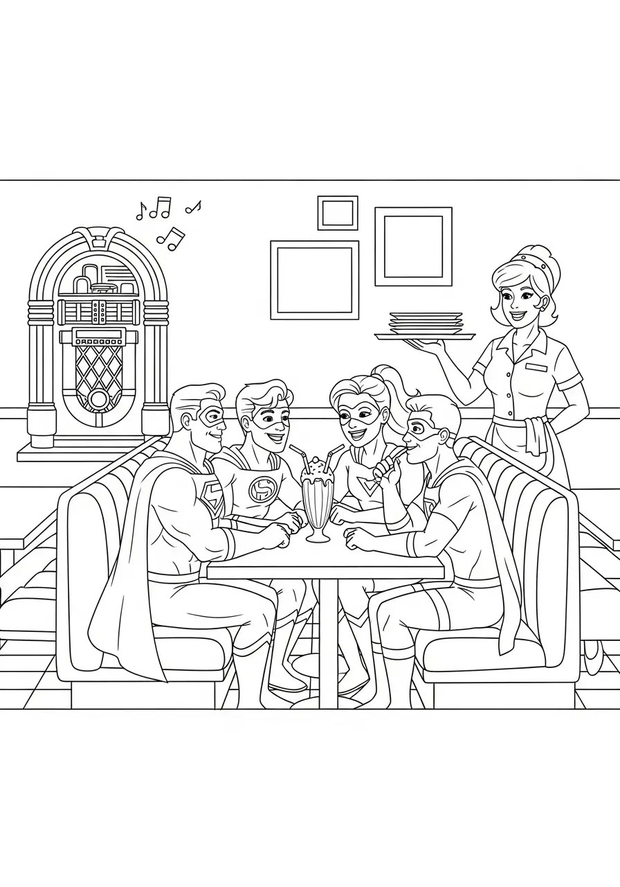 Retro Hero Diner Scene Coloring Page