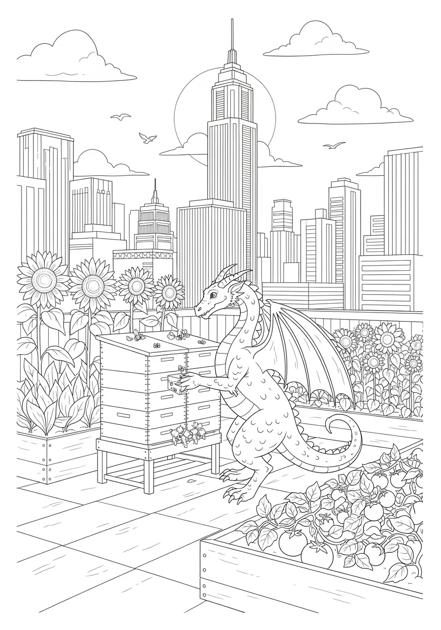 Rooftop Garden Dragon Coloring Page for Adults