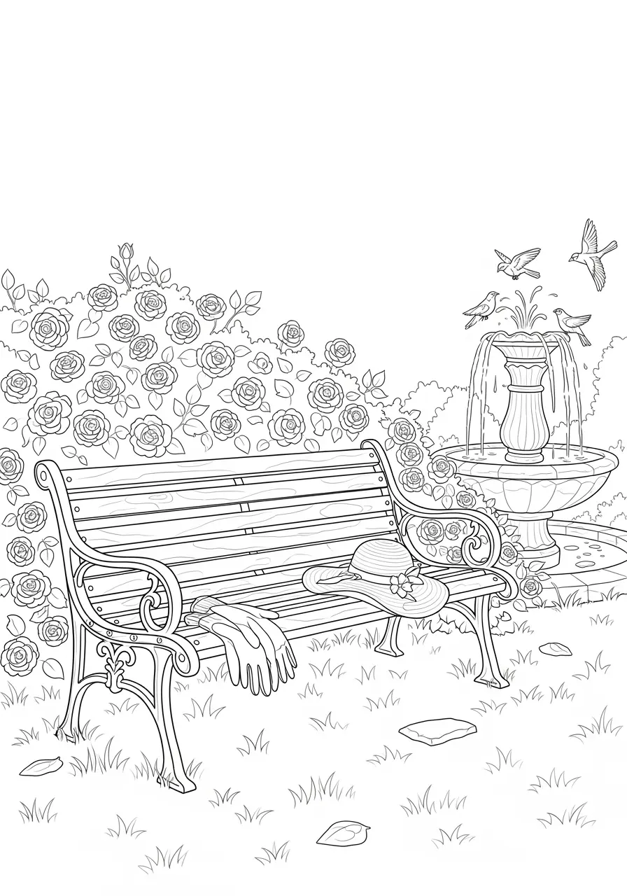 Rose Garden Bench Coloring Page