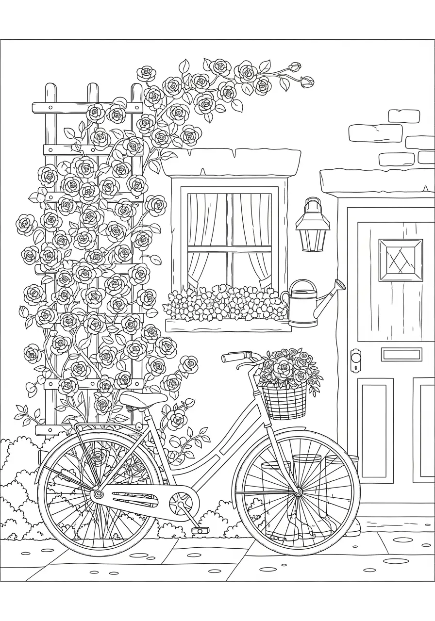 Rose Trellis Cottage Coloring Page
