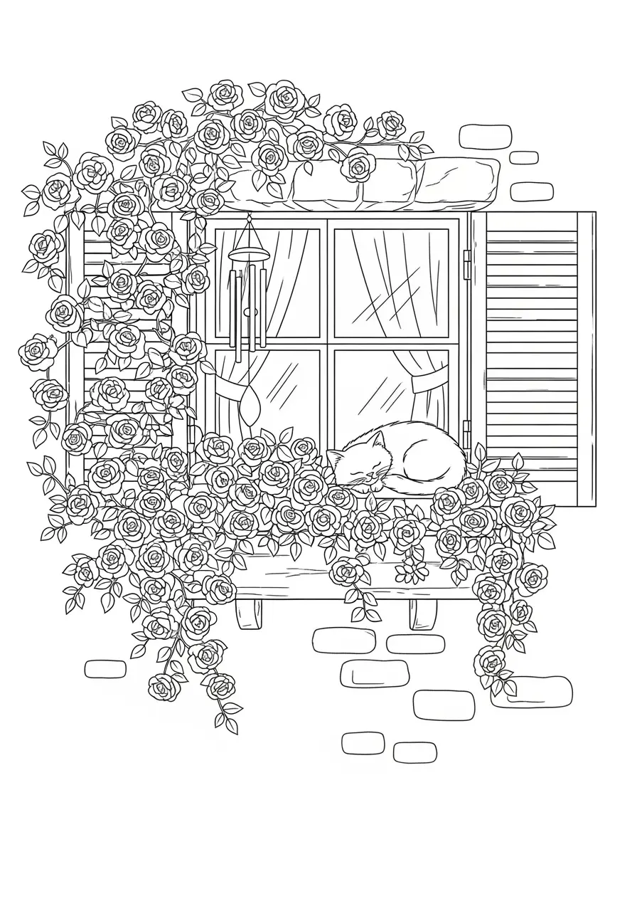 Rose Window Box Coloring Page