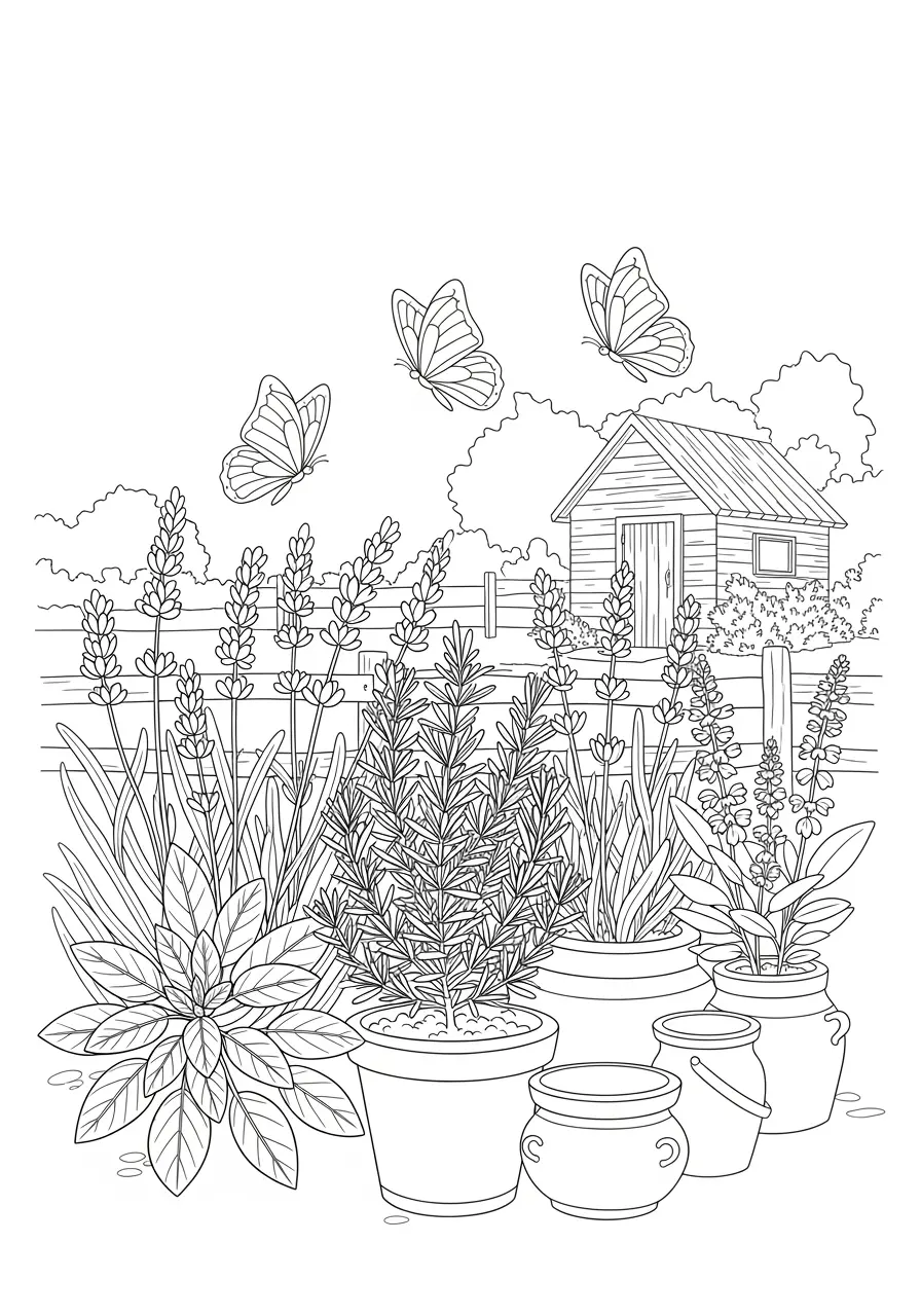 Schmetterlings-Kräutergarten-Ausmalbild