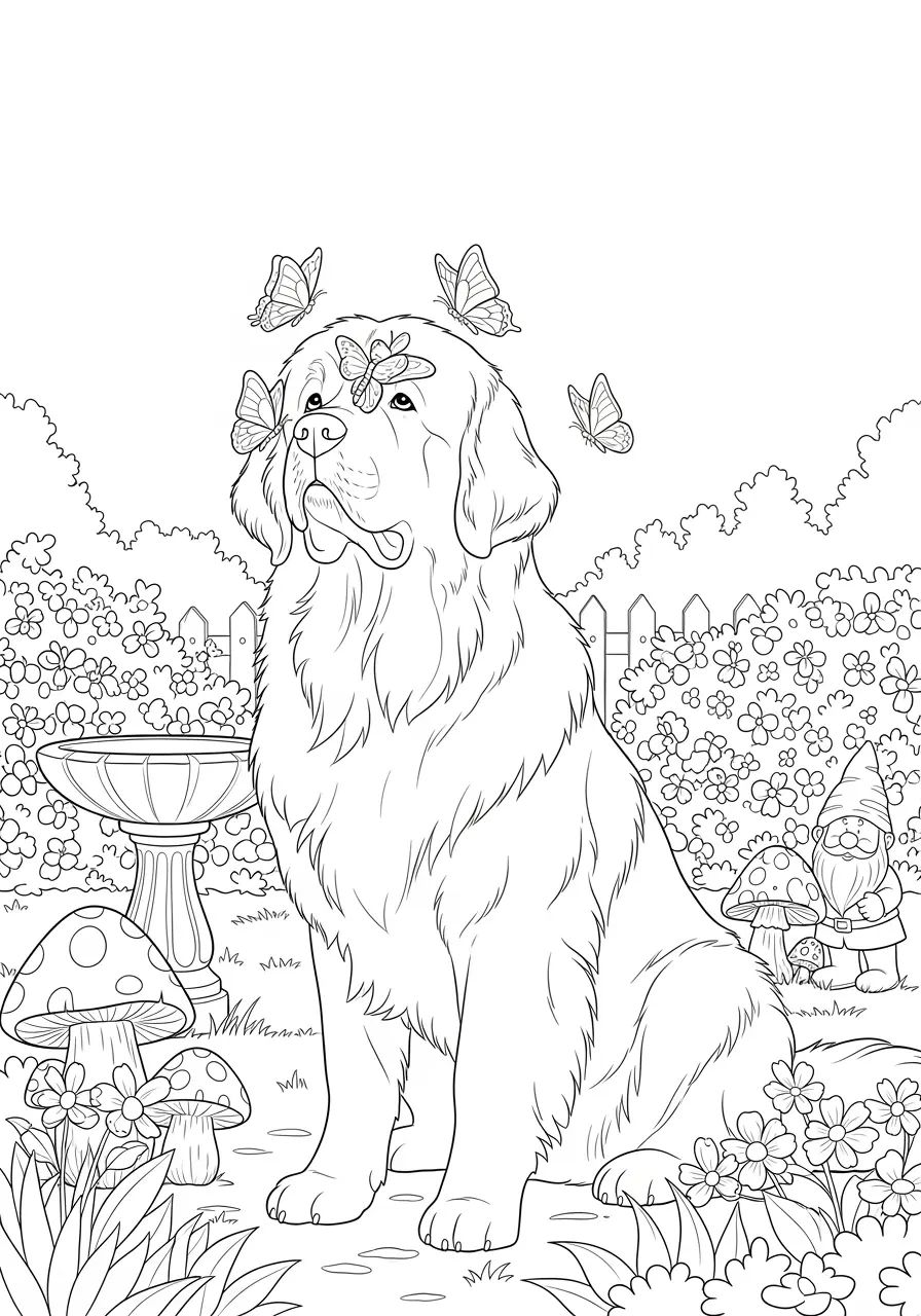 Schmetterlingsgarten Hunde-Ausmalbild