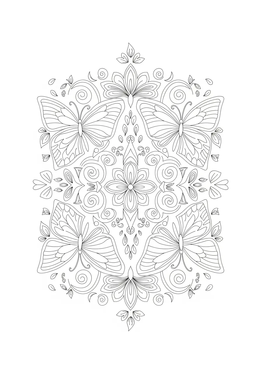 Schmetterlingsgarten-Mandala-Ausmalbild