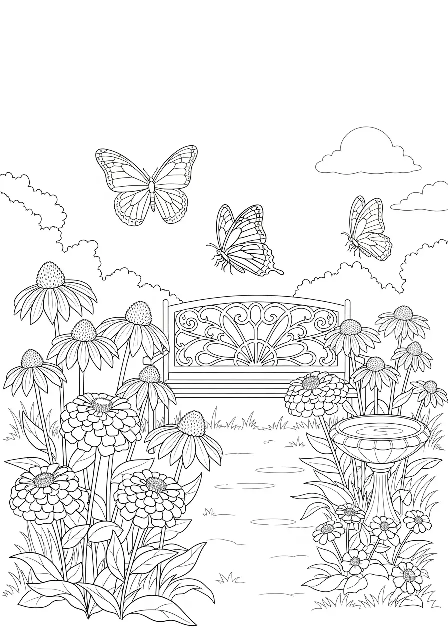 Schmetterlingsgarten-Sommer-Ausmalbild