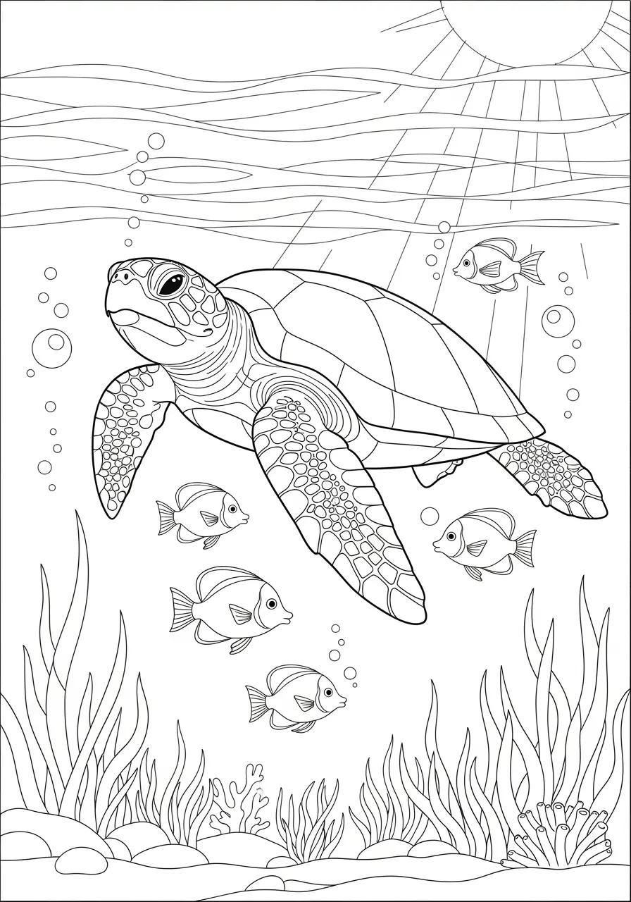 Sea Turtle Journey Ocean Coloring Page