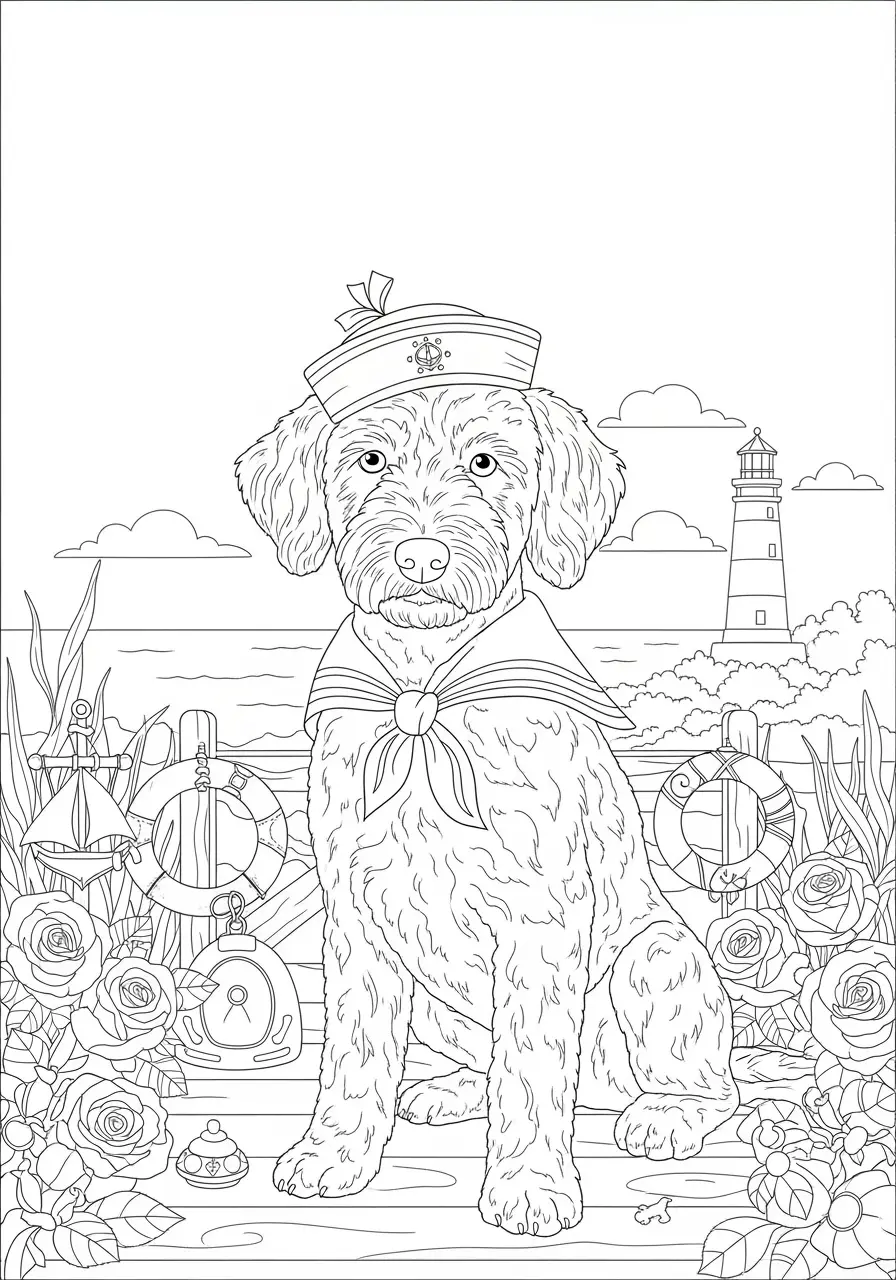 Seaside Cottage Dog Coloring Page Adults