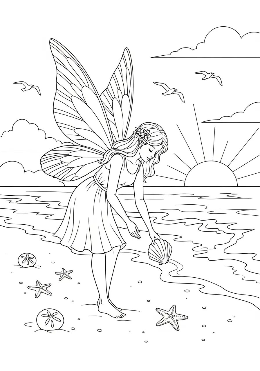 Seaside Fairy Coloring Page for Adults