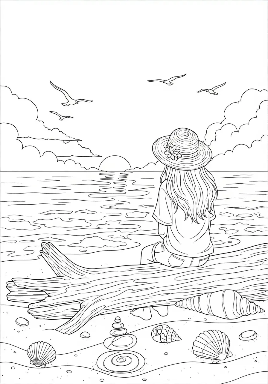 Seaside Sunset Anime Coloring Page
