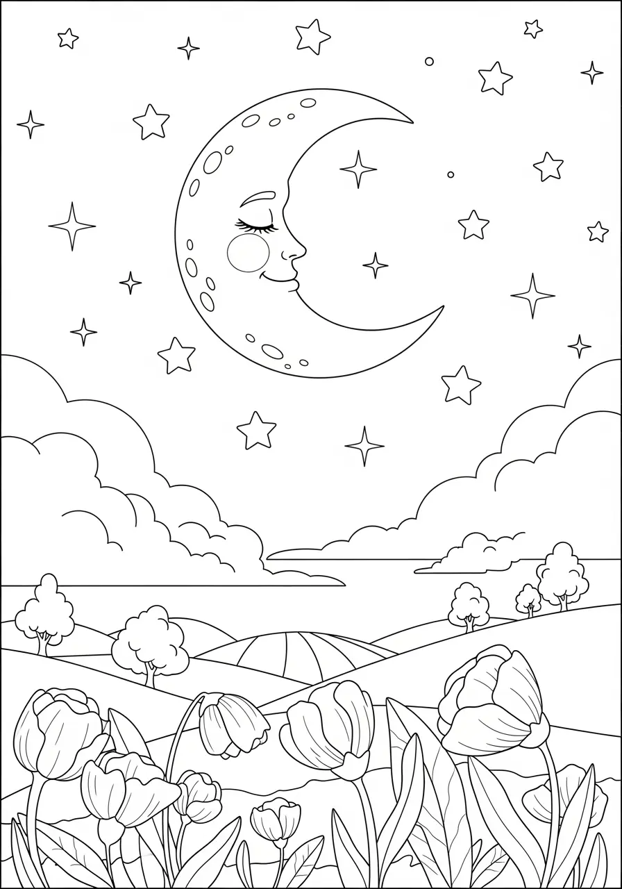 Simple Moon and Stars Coloring Page