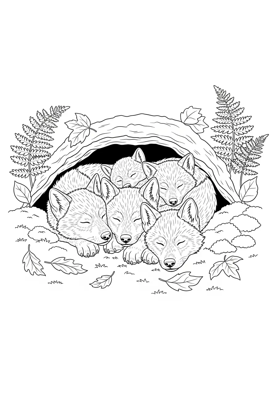 Sleeping Wolf Den Coloring Page