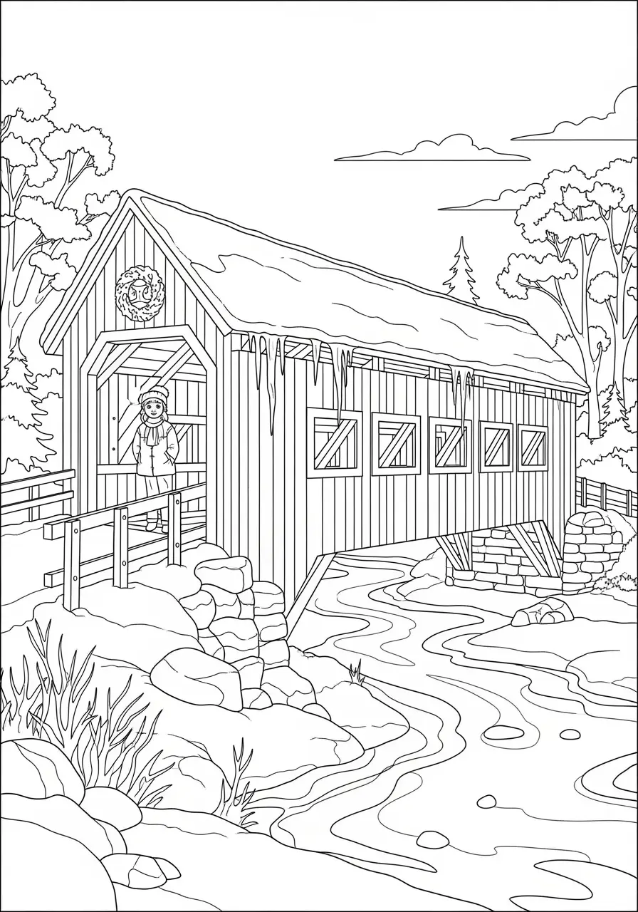 Snowy Bridge Winter Coloring Page