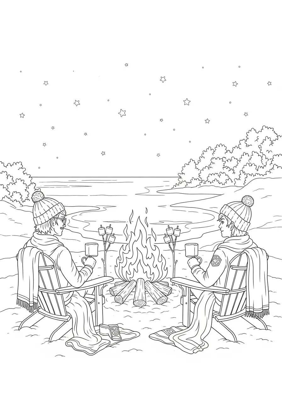 Sommer-Strand-Lagerfeuer-Ausmalbild
