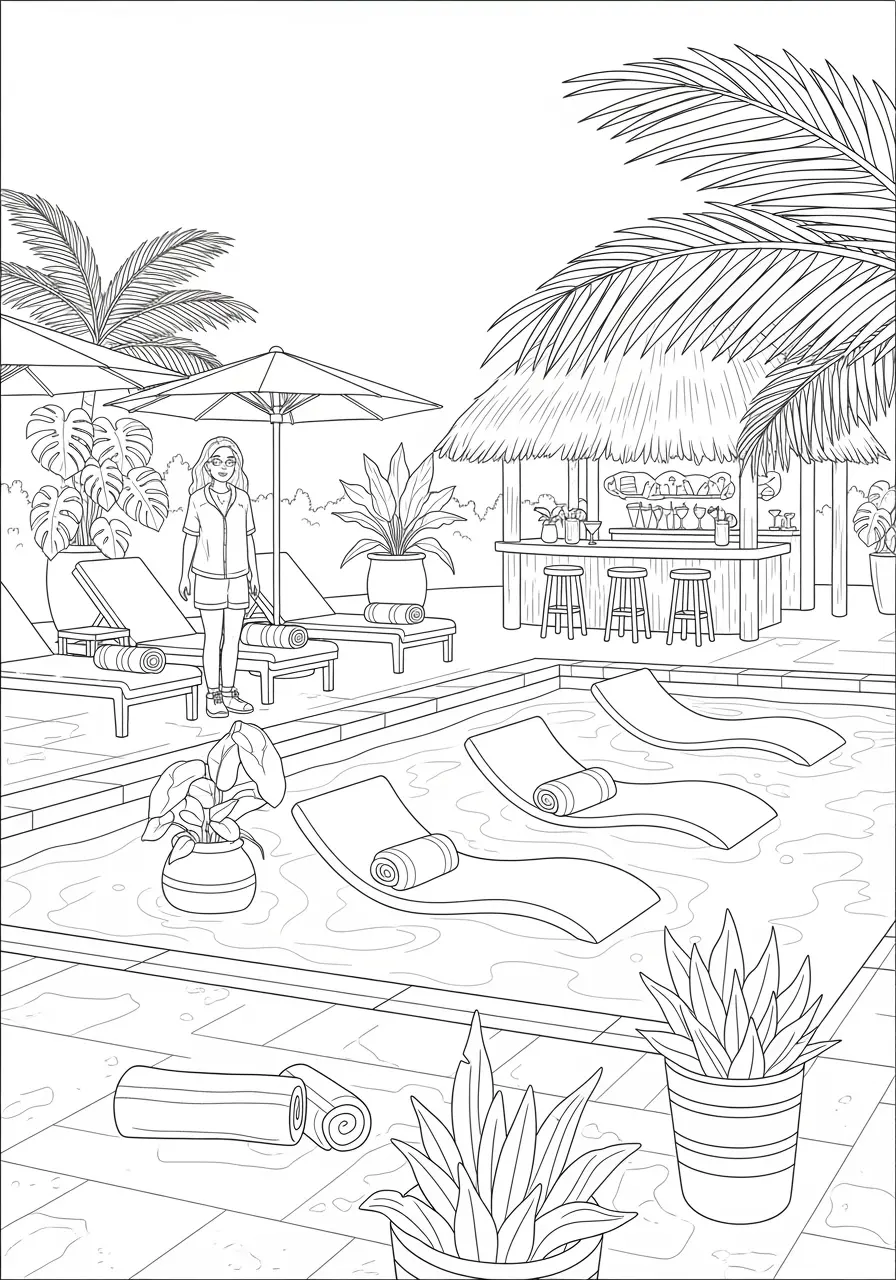 Sommerliches Pool-Oase-Ausmalbild