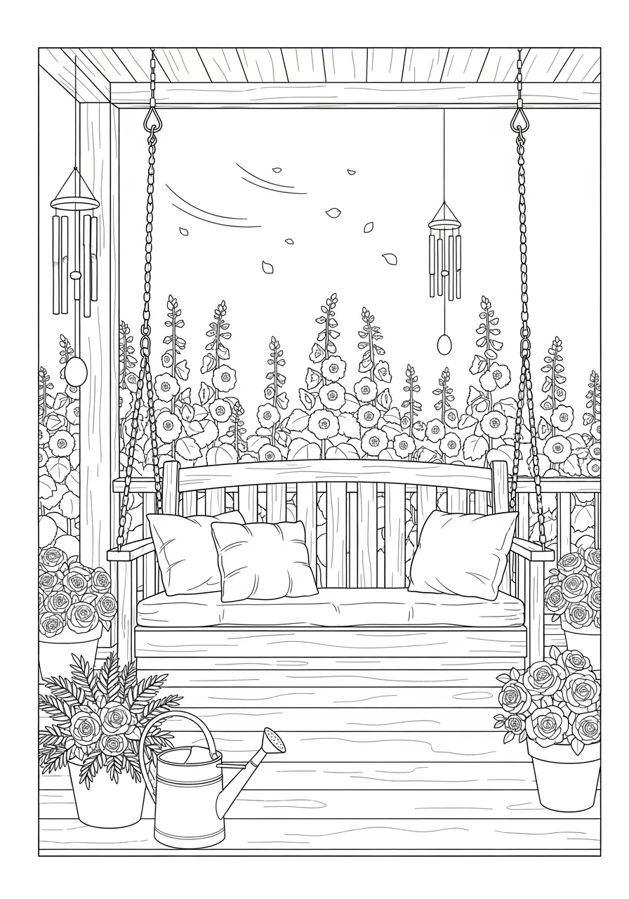 Sommerliches Veranda-Schaukel-Ausmalbild