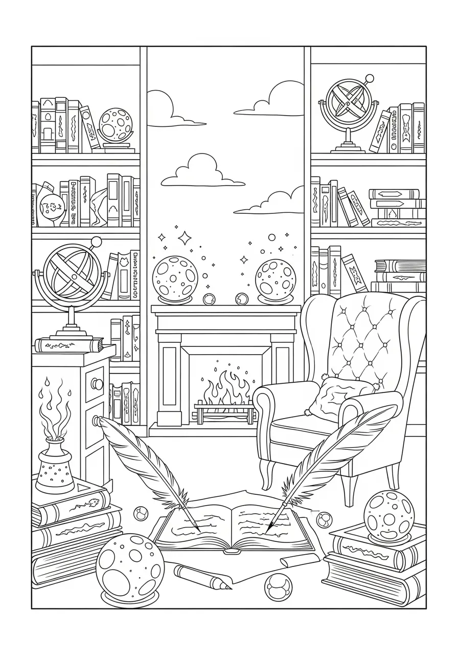 Sorcerer's Study Dark Fantasy Coloring Page