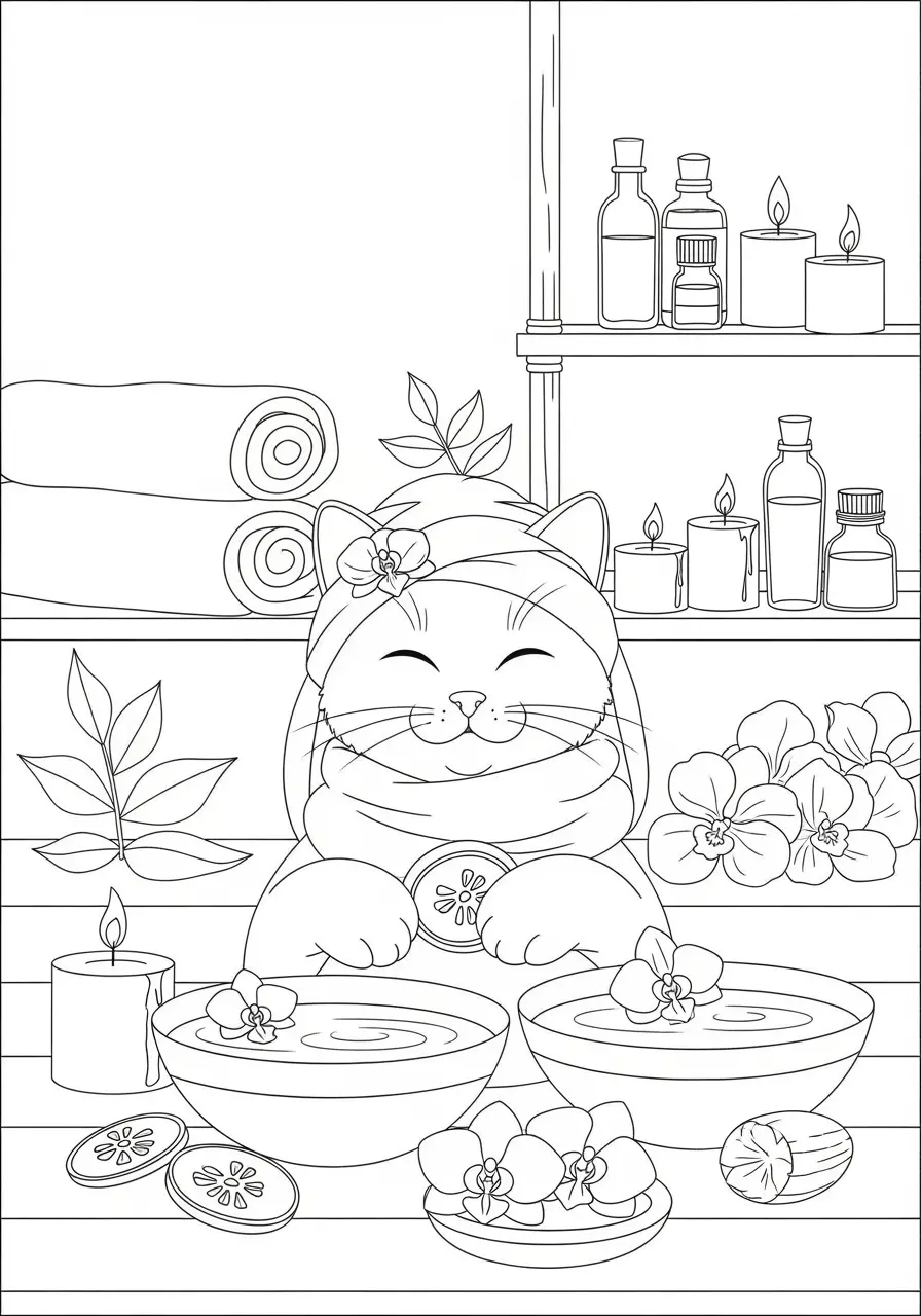 Spa Day Cat Coloring Page For Adults