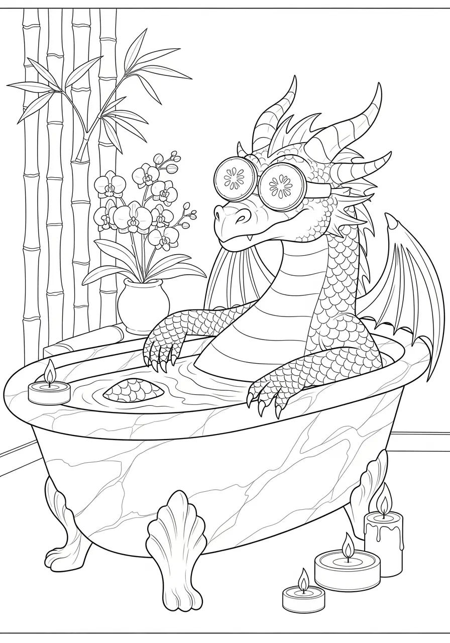 Spa Day Dragon Coloring Page for Adults