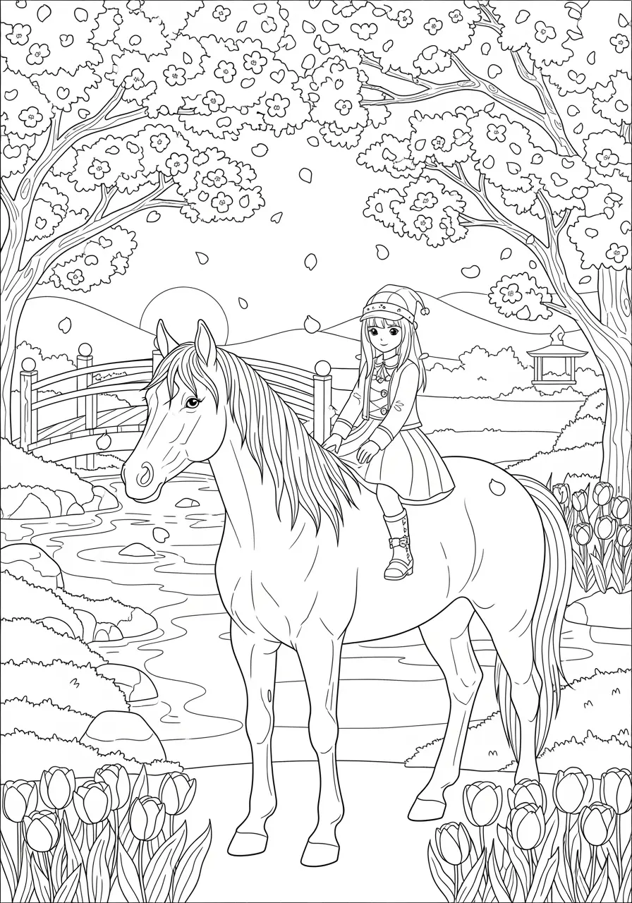 Spring Blossom Horse Coloring Page