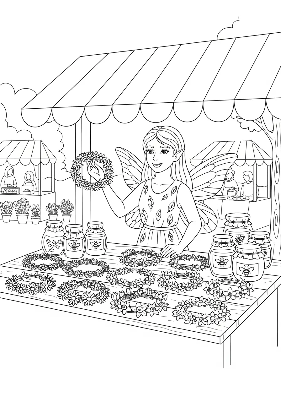 Spring Fairy Market Coloring Page