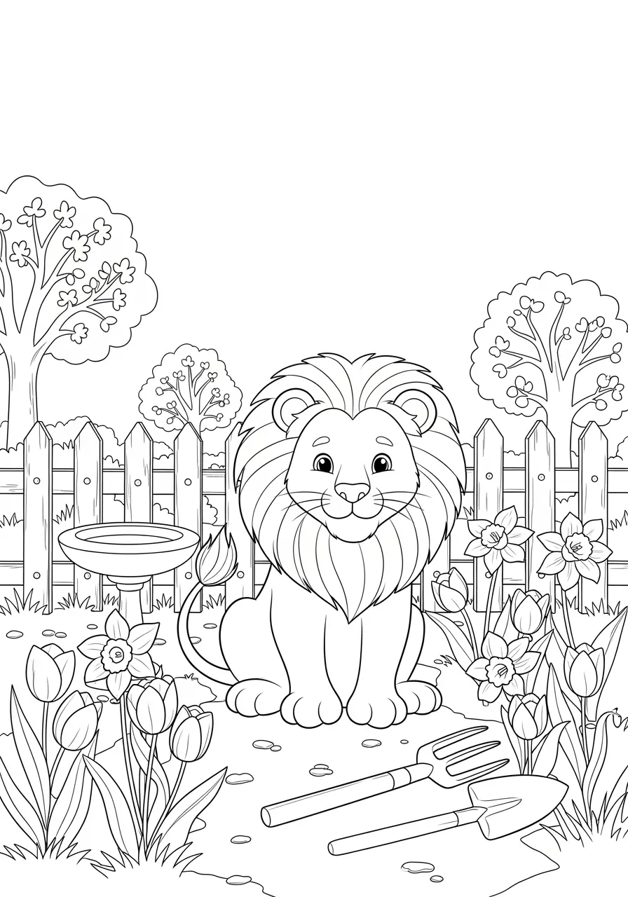 Spring Garden Lion Coloring Page for Adults