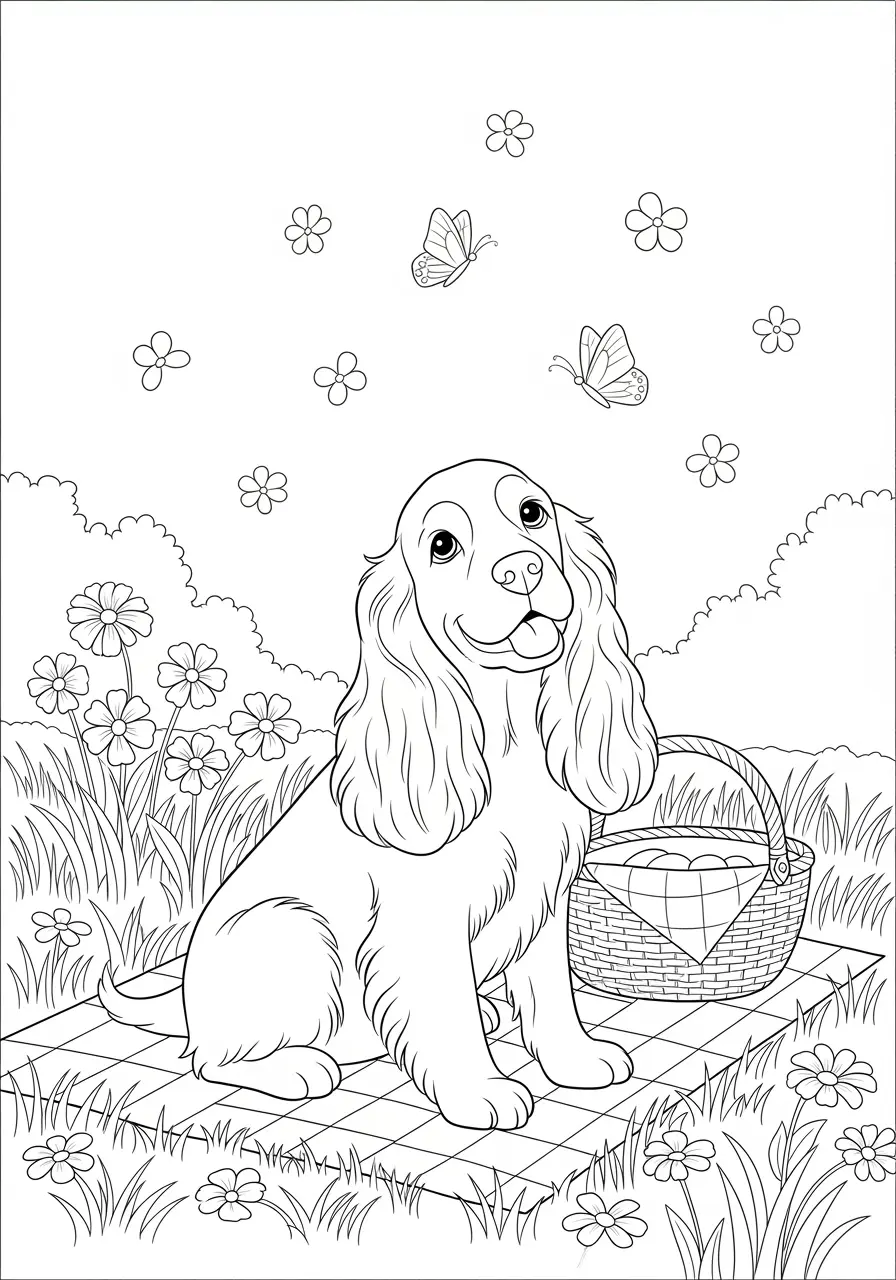 Spring Picnic Dog Coloring Page Adults