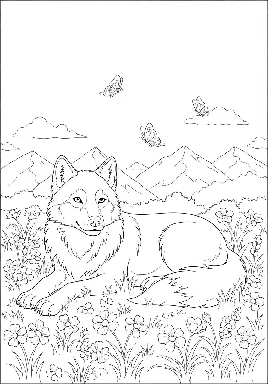Spring Wolf Meadow Coloring Page