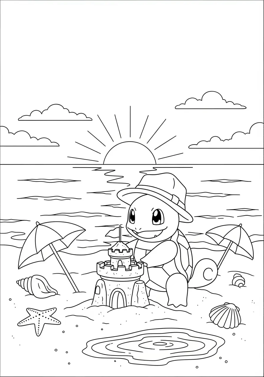 Squirtle Beach Sunset Pokemon Coloring Page