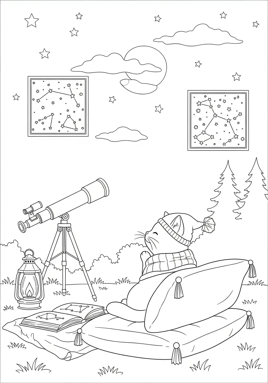 Stargazing Cat Coloring Page For Adults