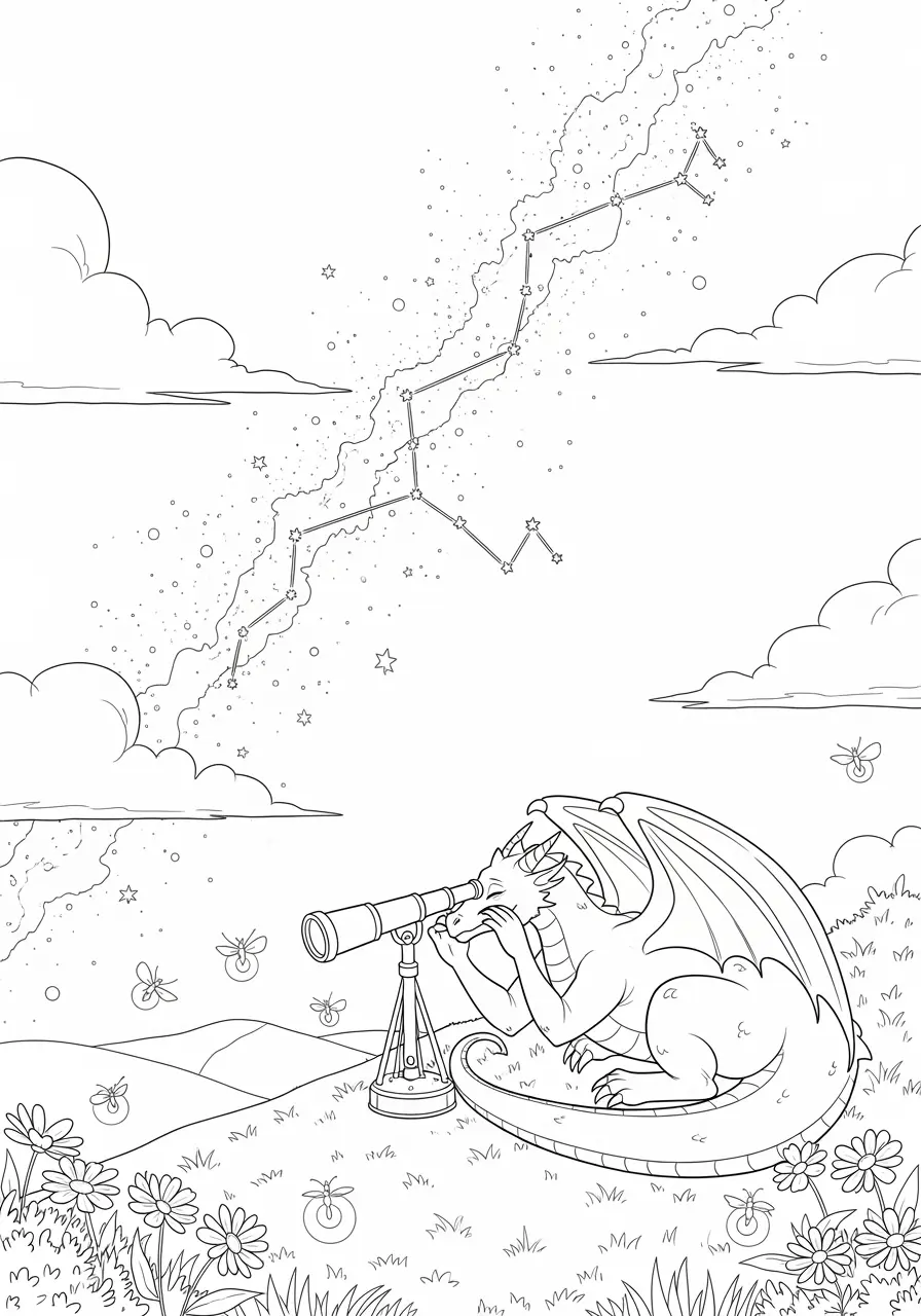 Stargazing Dragon Coloring Page for Adults
