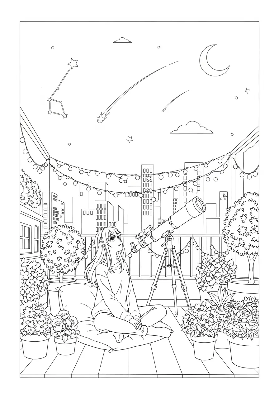 Stargazing Rooftop Anime Coloring Page