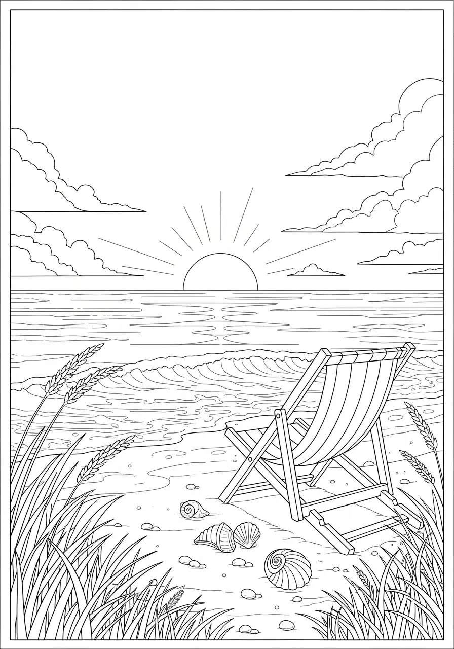 Strand-Sonnenuntergang-Sommer-Ausmalbild