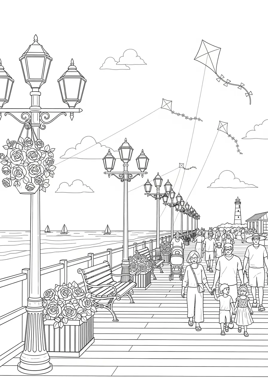 Strandpromenade-Sommer-Ausmalbild