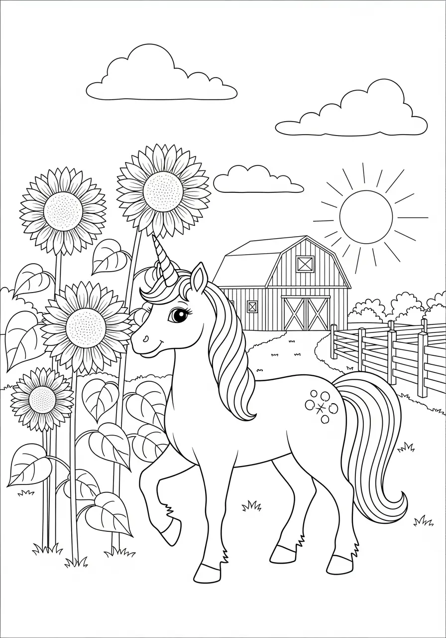 Sunflower Field Unicorn Coloring Page