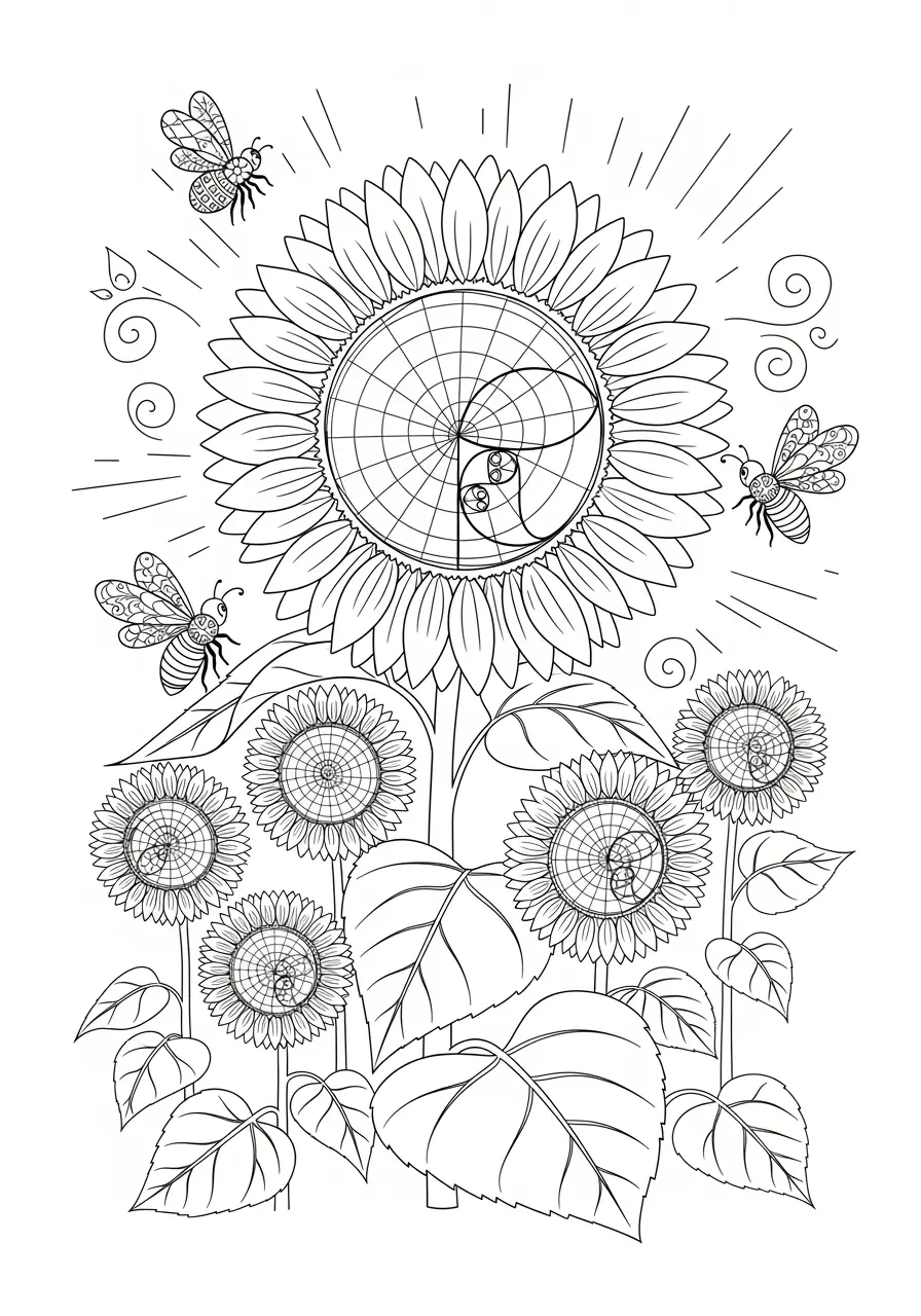 Sunflower Spiral Trippy Coloring Page