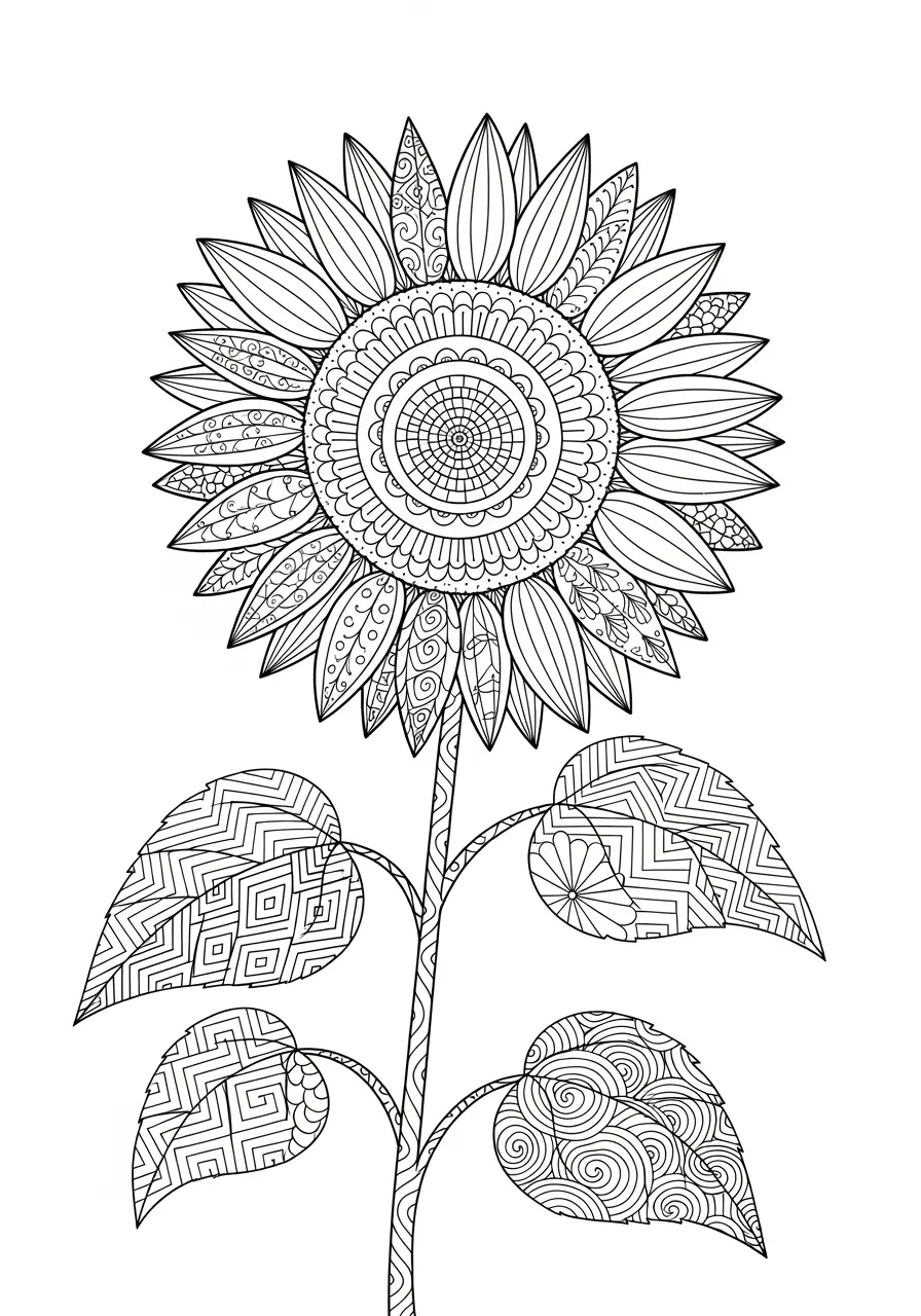 Sunflower Zentangle Coloring Page for Adults