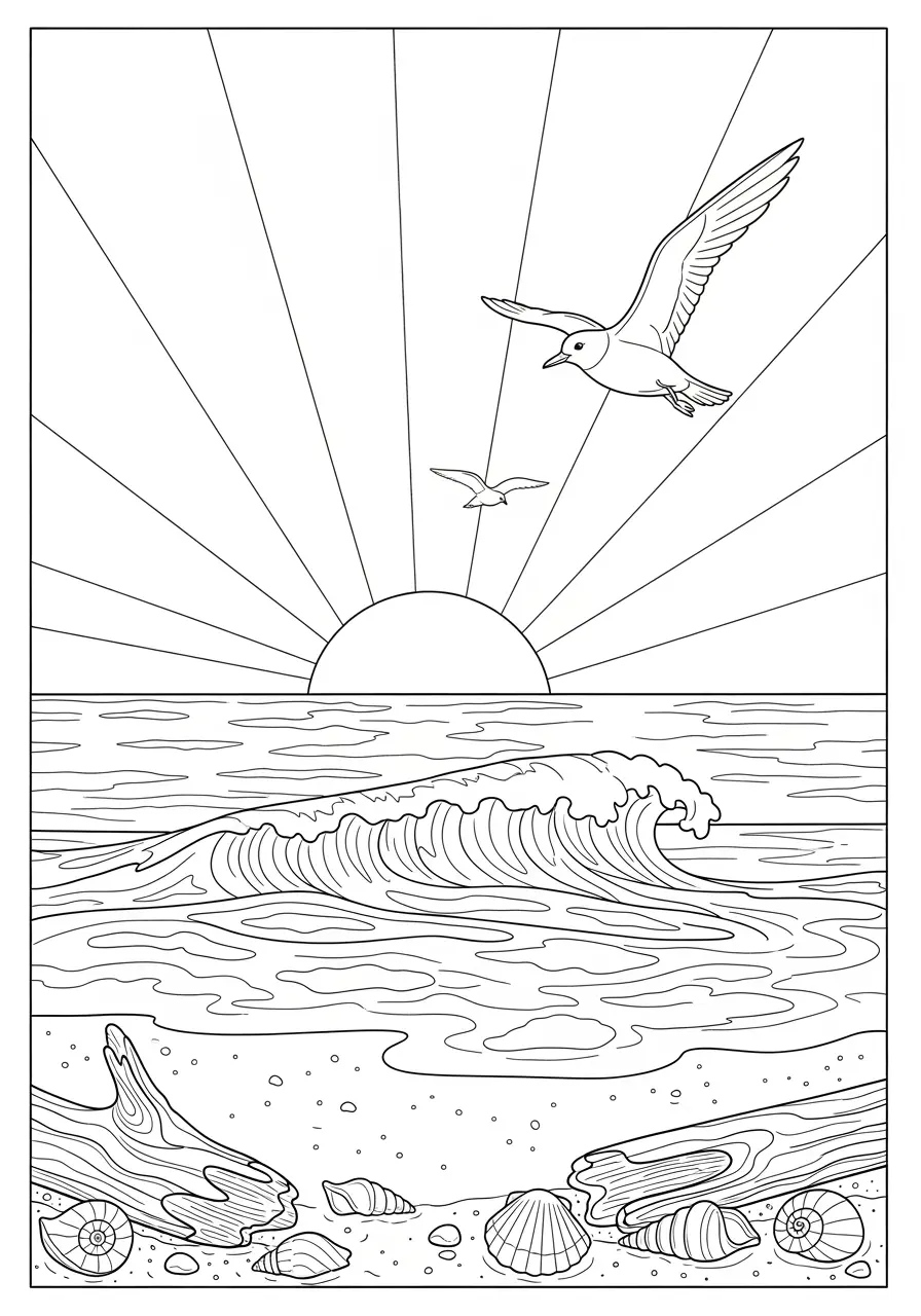 Sunrise Beach Ocean Coloring Page