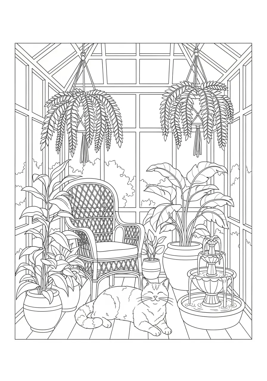 Sunroom Cat Coloring Page For Adults