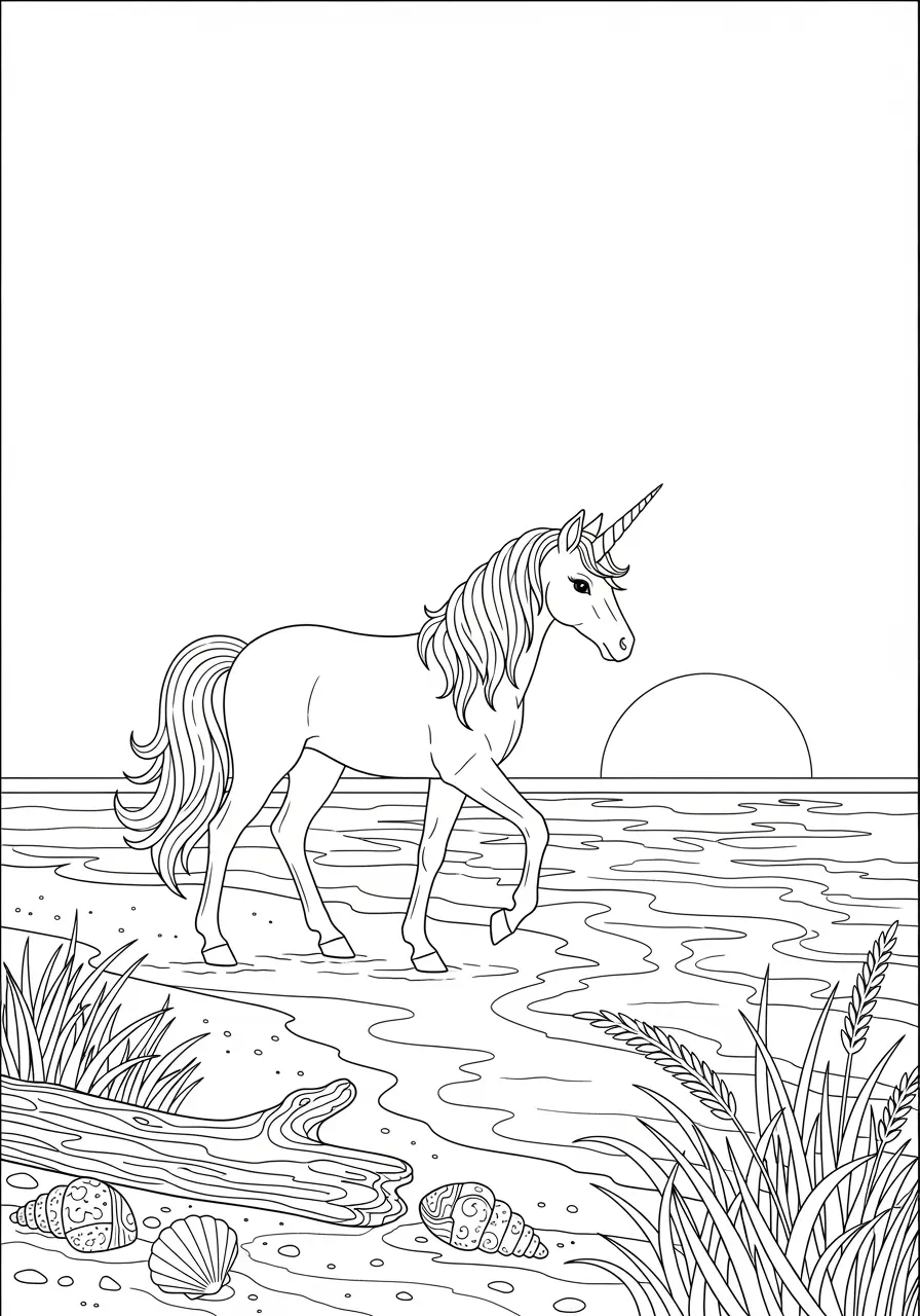 Sunset Beach Unicorn Coloring Page