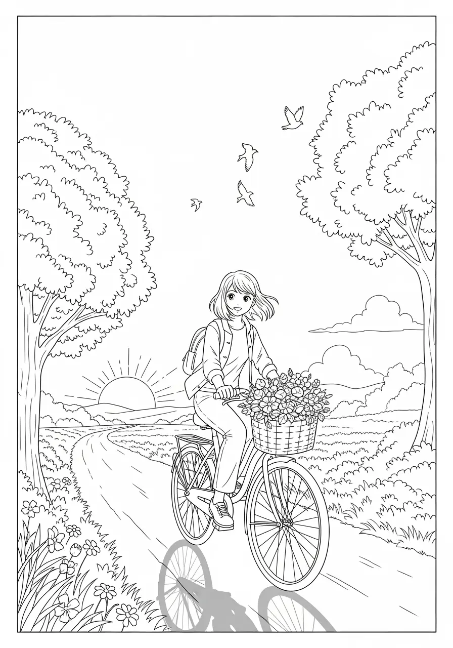 Sunset Bicycle Ride Anime Coloring Page