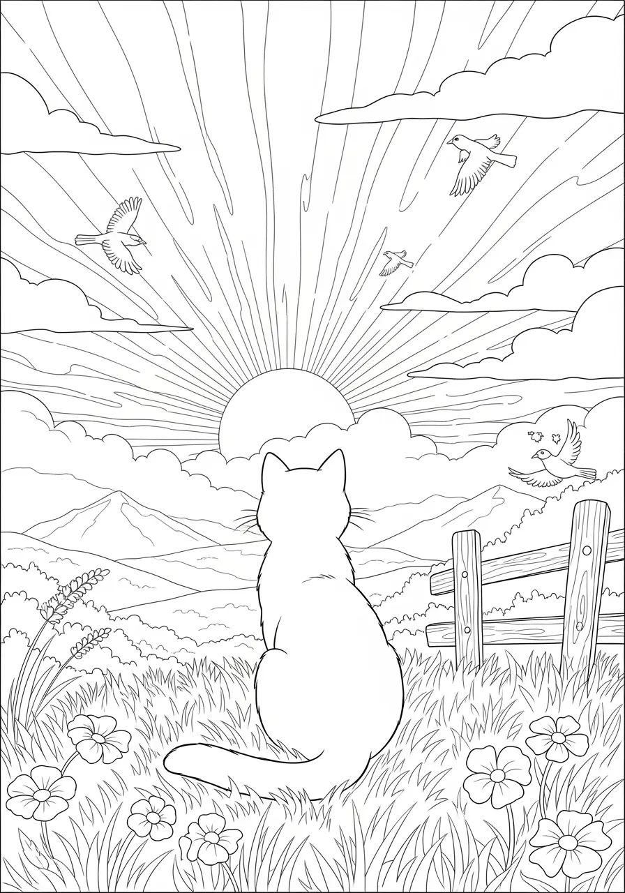 Sunset Cat Coloring Page For Adults