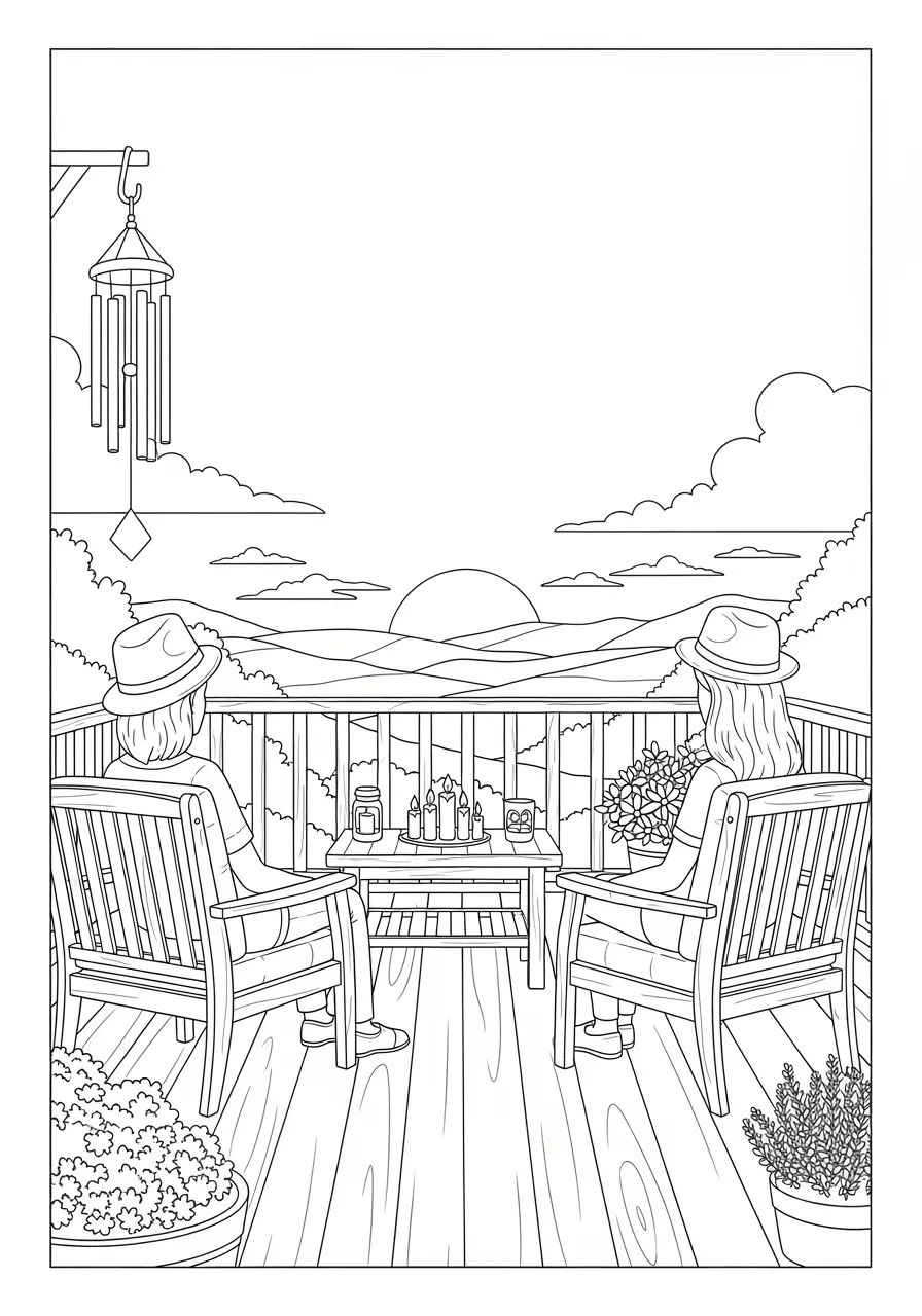 Sunset Deck Relaxation Coloring Page